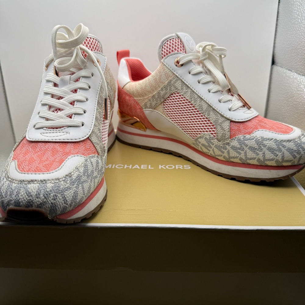 Michael Kors Womens Low Top Sneakers Coral White Logo Mesh Trainers Rose Gold - Picture 2 of 11